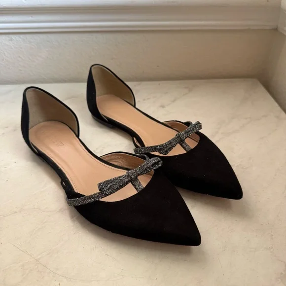 J. Crew Black Pointed D'Orsay Flats with Sparkle Bow Strap - Picture 6 of 6